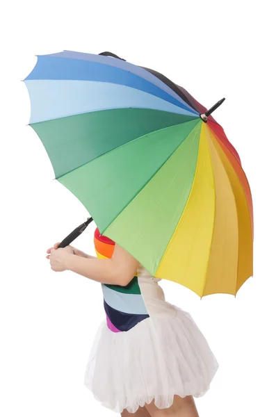 Femme avec parapluie coloré sur blanc — Photo