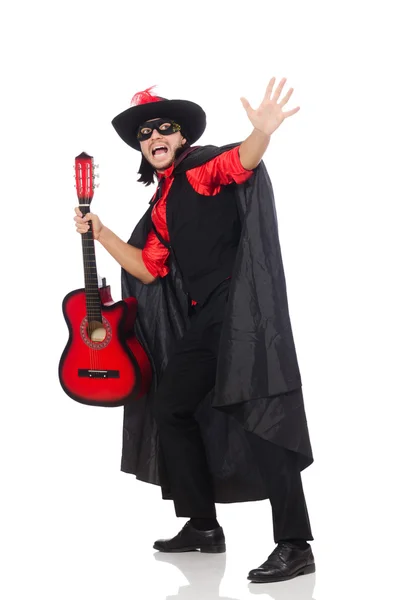 Joven con abrigo de carnaval con guitarra aislada en blanco —  Fotos de Stock