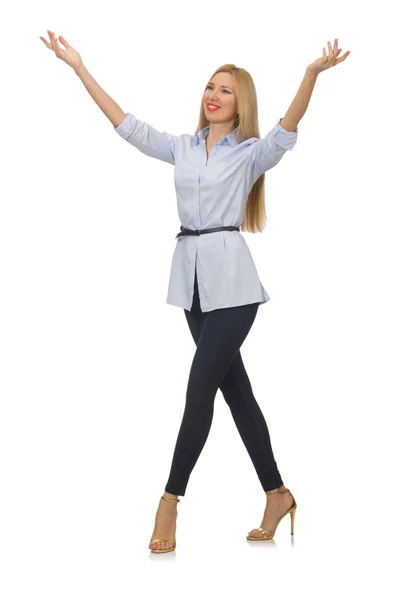 Mujer en blusa azul aislada en blanco — Foto de Stock