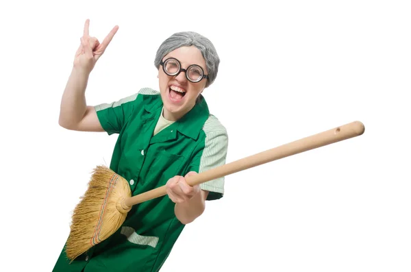 Woman with sweeping brush isolated on white — Stock Photo, Image