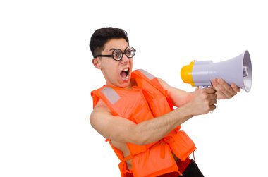 Komik adam hoparlörü ile yelek giyiyor