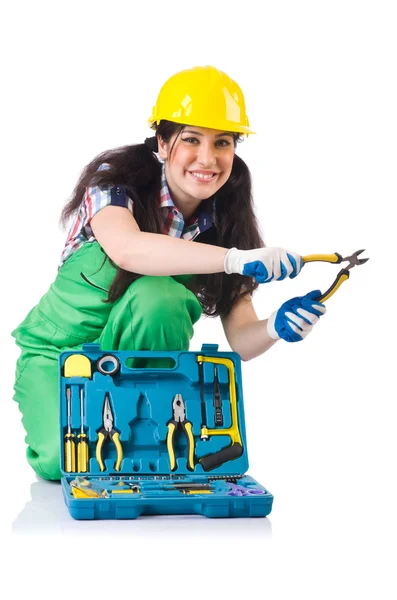 Female workman in green overalls isolated on white — Stock Photo, Image