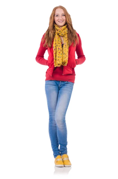 Linda chica sonriente en chaqueta roja — Foto de Stock