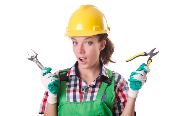 Female workman in green overalls isolated on white — Stock Photo, Image