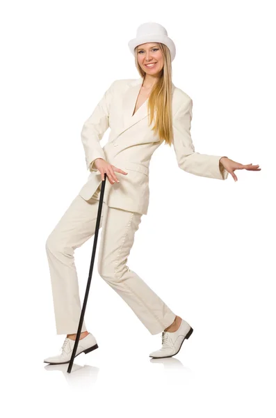 Blond hair girl with walking stick isolated on white — Stock Photo, Image
