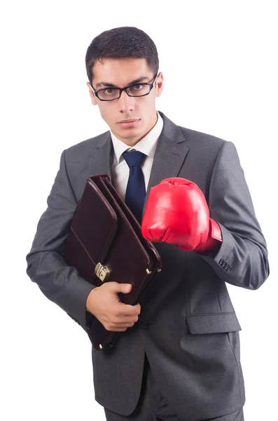 Ung affärsman med portfölj och box handskar isolerad på vit — Stockfoto