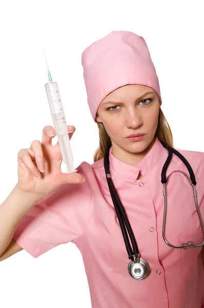 Woman doctor with syringe on white Stock Image