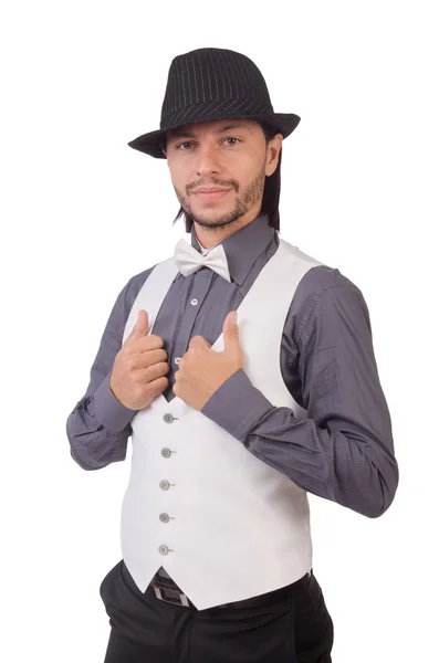 Jovem de camisa cinza e chapéu preto isolado em branco — Fotografia de Stock