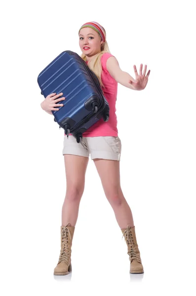 Giovane turista con valigia isolata su bianco — Foto Stock