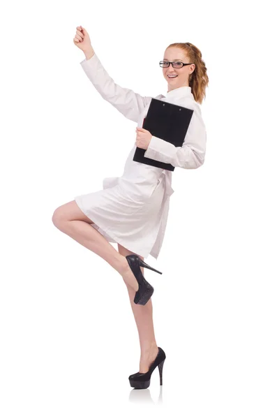 Pretty female doctor holding diary isolated on white — Stock Photo, Image