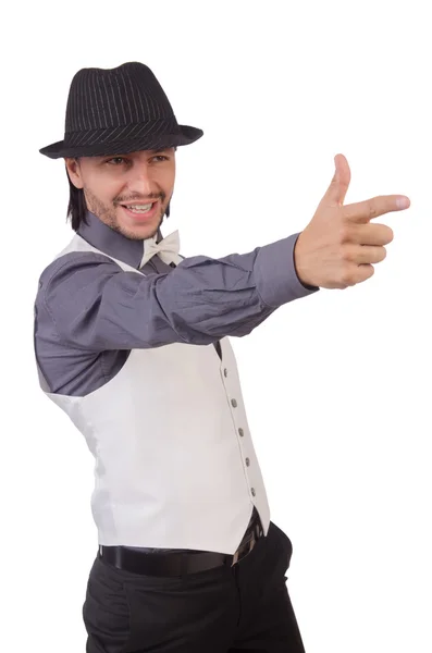 Hombre joven en camisa gris y sombrero negro aislado en blanco —  Fotos de Stock