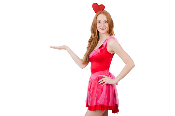 Pretty young model in mini pink dress isolated on white