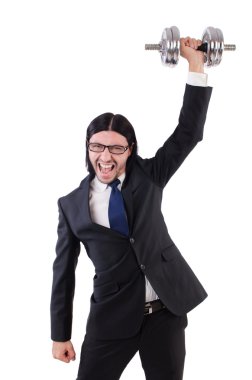 Genç işadamı beyaz izole halter holding
