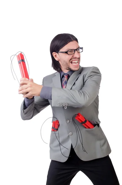 Young businessman holding dynamite isolated on white — Stock Photo, Image