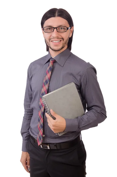 Молодой бизнесмен с бумагой, изолированной на белом — стоковое фото