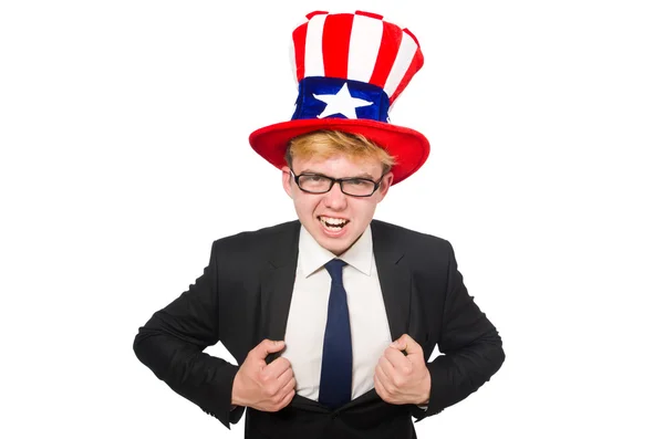 Biznesmen w amerykańskim kapeluszu odizolowany na biało — Zdjęcie stockowe