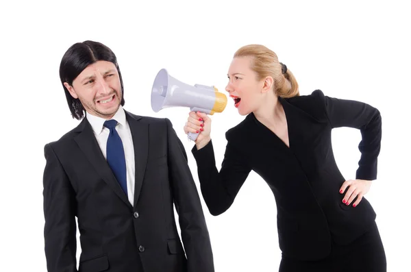 Businessman and businesswoman with megaphone isolated on white — Stock Photo, Image