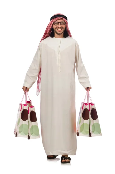 Arab man with shopping bags on white — Stock Photo, Image