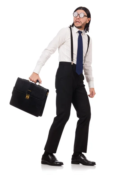 Giovane manager con valigetta isolata su bianco — Foto Stock