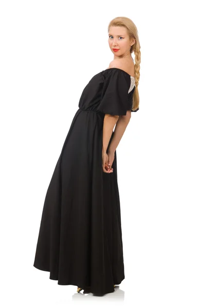 Wysoka kobieta w długiej czarnej sukience odizolowana na biało — Zdjęcie stockowe