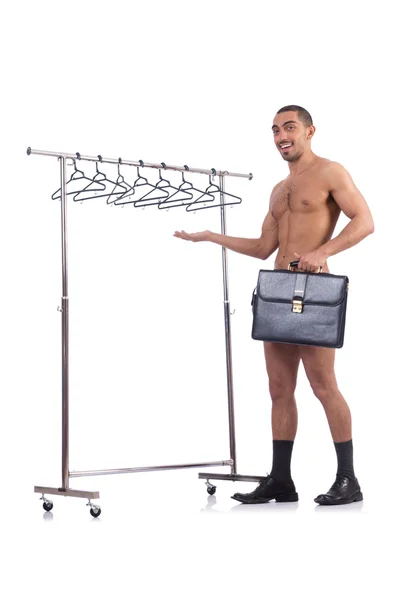 Hombre desnudo eligiendo ropa — Foto de Stock