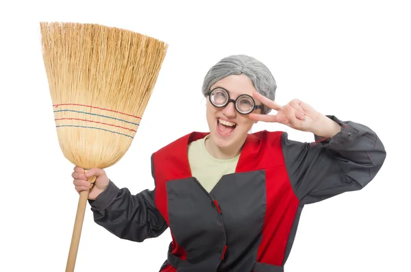 Mujer con cepillo barrido aislado en blanco — Foto de Stock