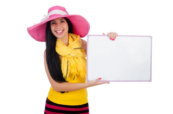 Giovane ragazza in cappello con poster isolato su bianco — Foto Stock