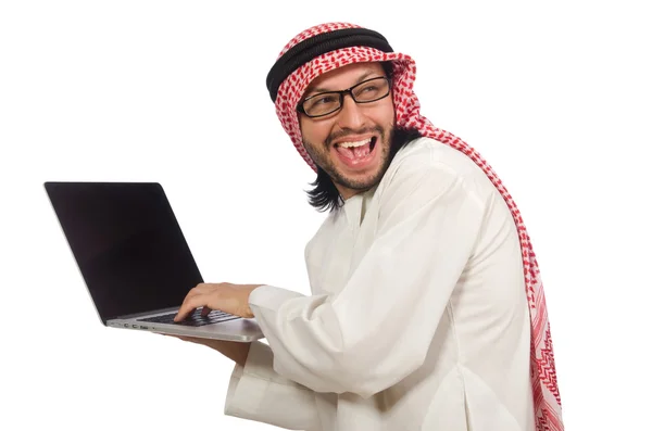 Arabische man met laptop geïsoleerd op wit — Stockfoto