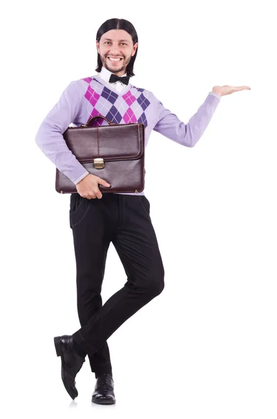 Beyaz izole evrak çantası ile gülümseyen adam — Stok fotoğraf