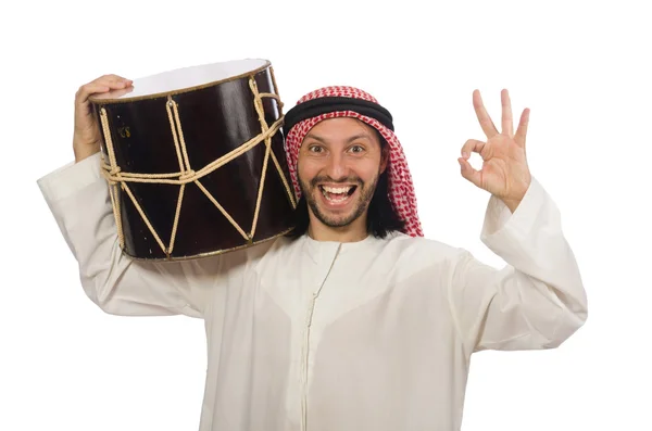 Arabische man spelen trommel geïsoleerd op wit — Stockfoto