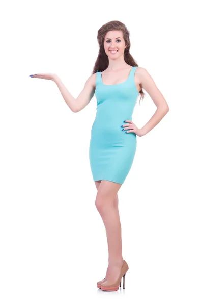Hübsches junges Mädchen in blauem Kleid isoliert auf weiß — Stockfoto