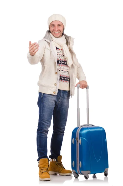 Tourist holding suitcase isolated on white — Stock Photo, Image