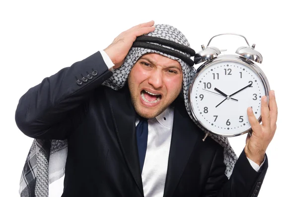 阿拉伯男子与时钟隔离在白色之上 — 图库照片
