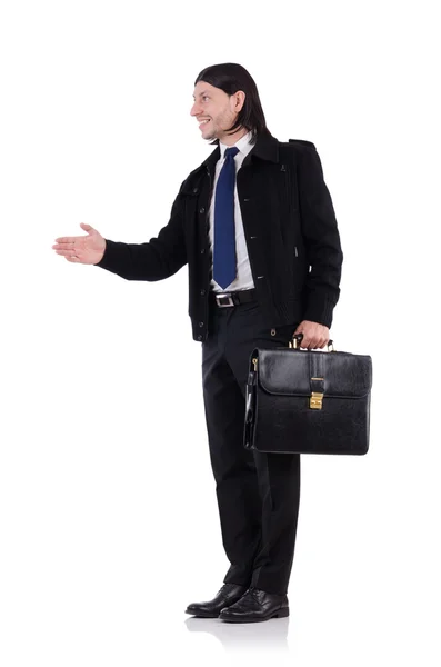 Young businessman holding briefcase isolated on white — Stock Photo, Image