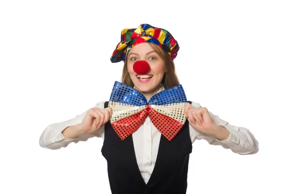 Hübsche weibliche Clown isoliert auf weiß — Stockfoto