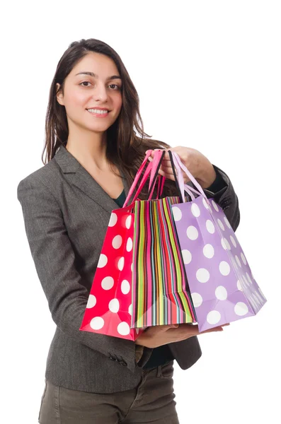 Mujer atractiva con bolsas aisladas en blanco —  Fotos de Stock