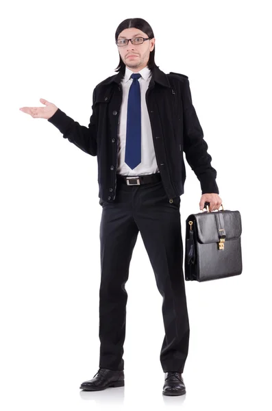 Young businessman holding briefcase isolated on white — Stock Photo, Image