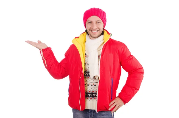 Junger Mann in Winterkleidung isoliert auf weißem Grund — Stockfoto