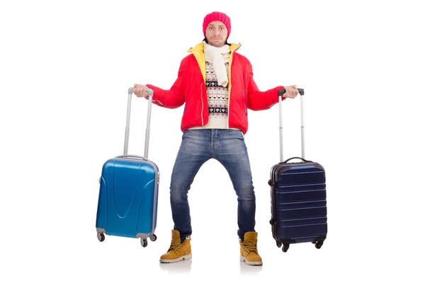 Turistické držení kufr izolovaných na bílém — Stock fotografie