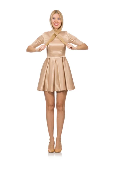 Chica bonita en mini vestido de satén aislado en blanco — Foto de Stock