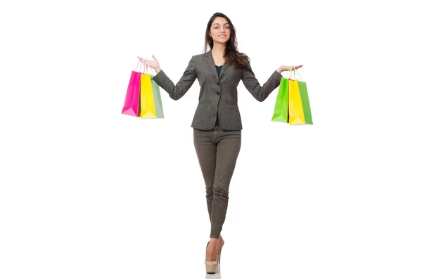 Atrakcyjna kobieta z torbami na zakupy na białym tle — Zdjęcie stockowe
