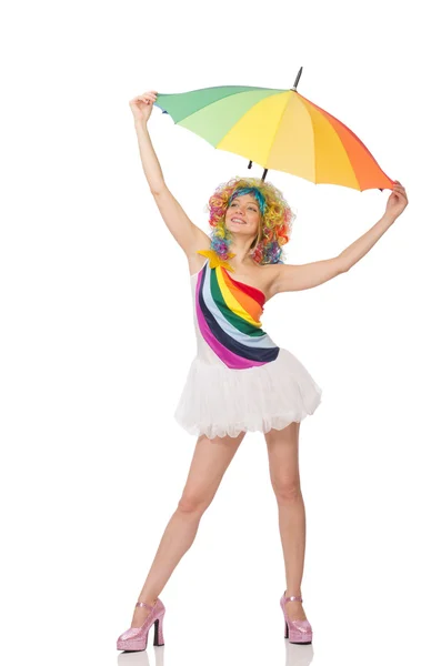 Femme avec parapluie coloré sur blanc — Photo