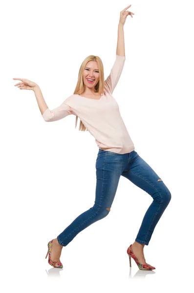 Pretty woman in blue jeans — Stock Photo, Image