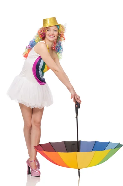Kvinna med färgglada paraply på vitt — Stockfoto