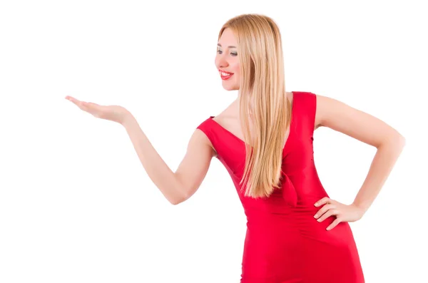 Loira em vestido vermelho isolado em branco — Fotografia de Stock