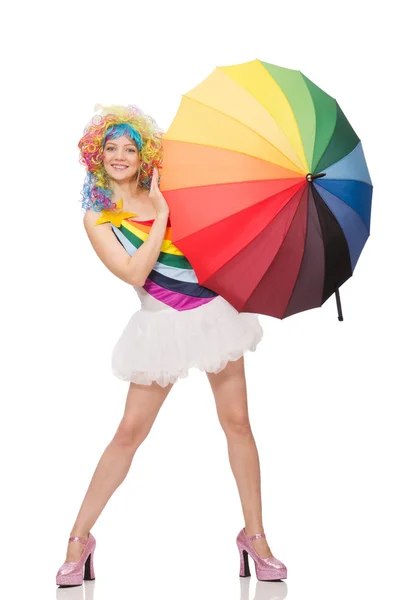 Žena s barevným deštníkem na bílém — Stock fotografie