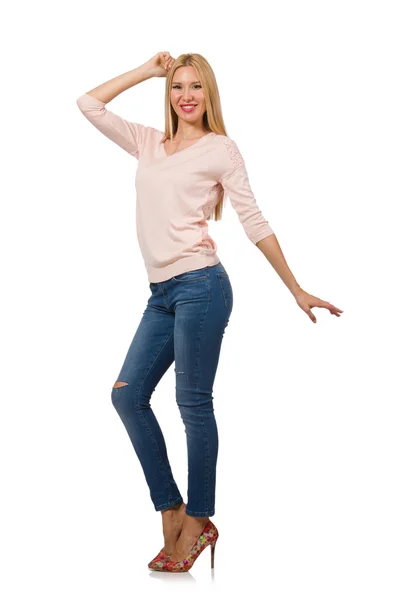 Mooie vrouw in blue jeans geïsoleerd op wit — Stockfoto