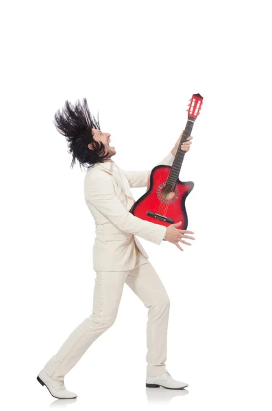 Man with guitar isolated on white — Stock Photo, Image