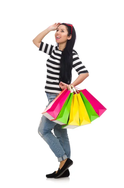 Donna con shopping bags isolata su bianco — Foto Stock