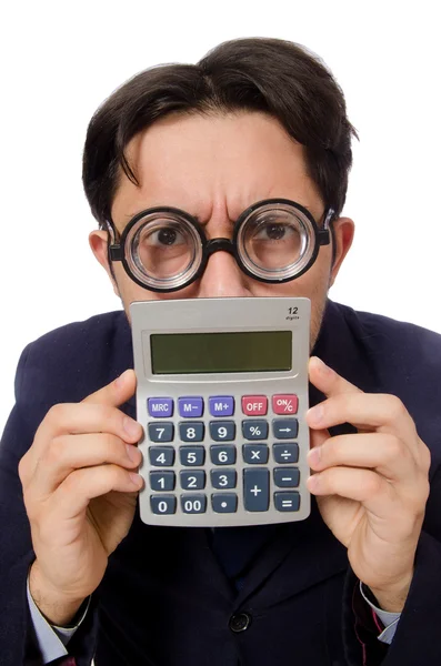 Grappige mens met calculator geïsoleerd op wit — Stockfoto